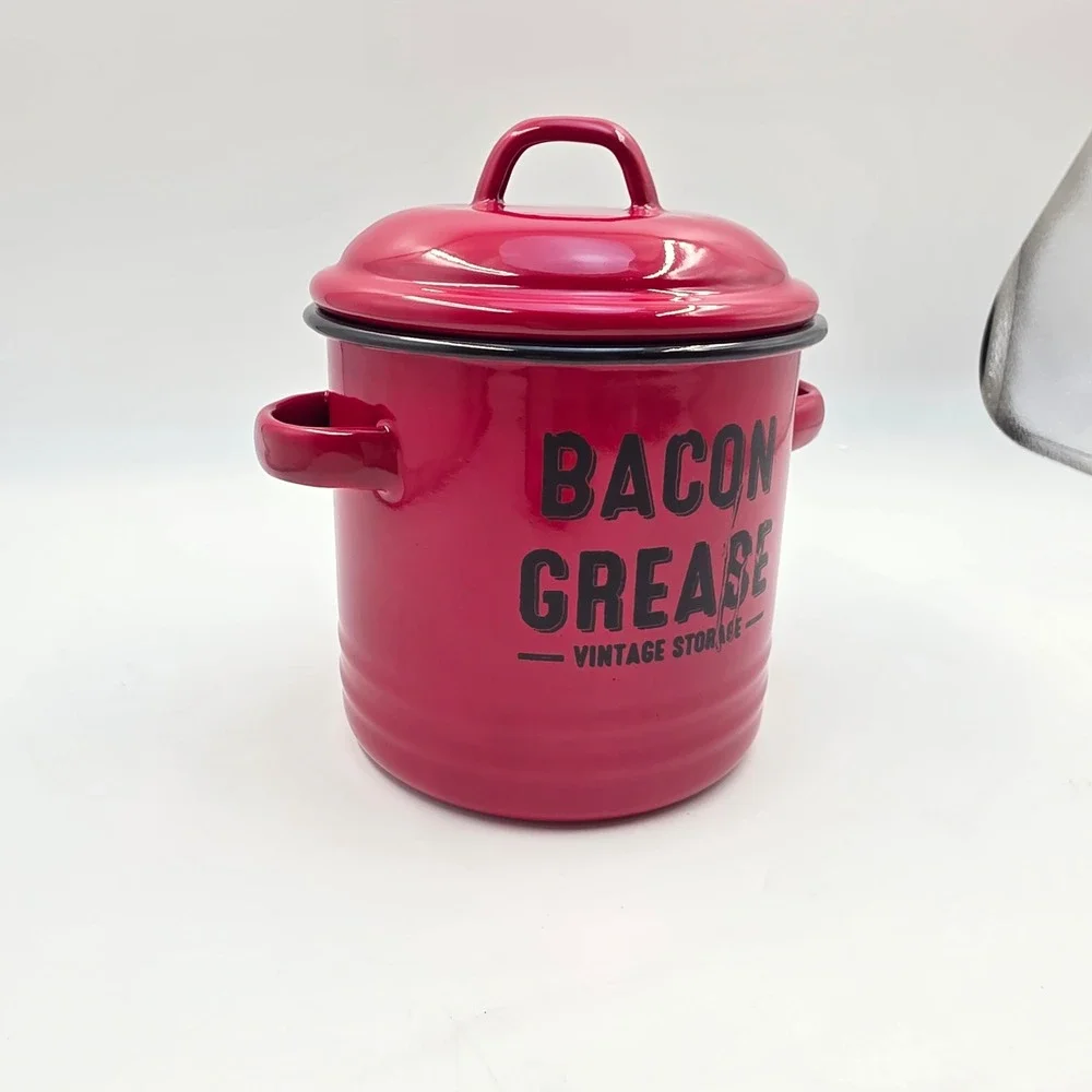 Red Enamelware Bacon Grease Vintage Storage Canister Lid Farmhouse Kitchen T3